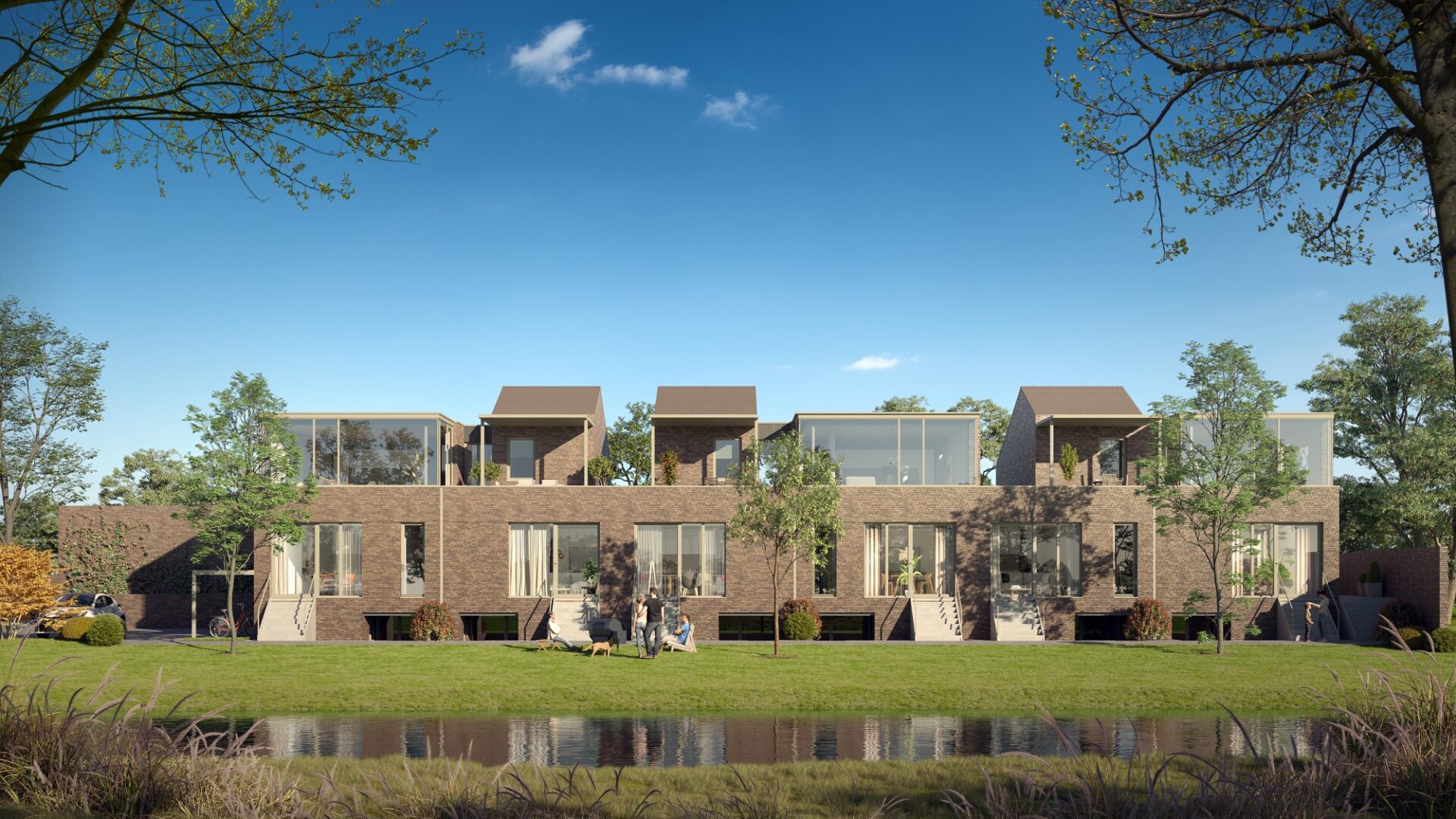 3D render van 5 aaneengesloten woningen met een specifieke architectuur. Op de bovenste verdieping zijn mooie grote dakterrassen voorzien