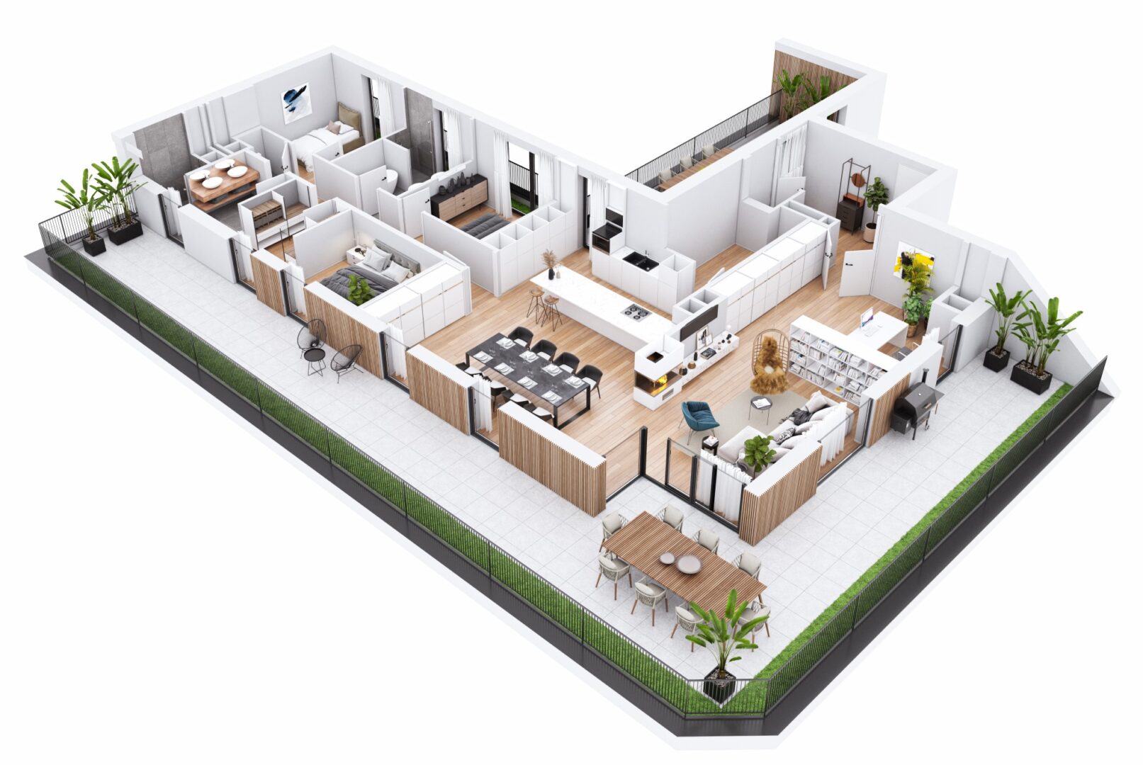 3D plattegrond van een penthouse. We zien een groot terras op de voorgrond en daarachter het opengesneden plattegrond